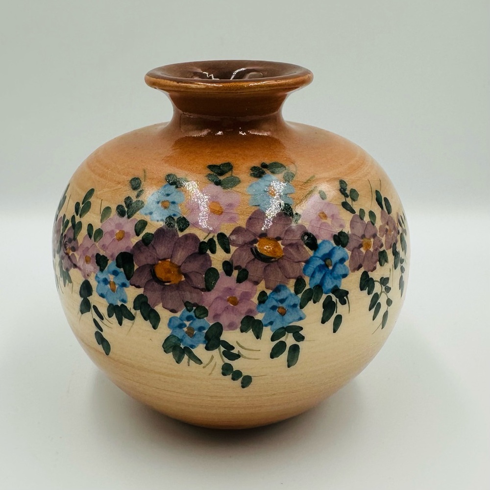 Vintage 1980s Hand Painted Floral Pottery Ceramic Small Bud Vase Rustic Decor